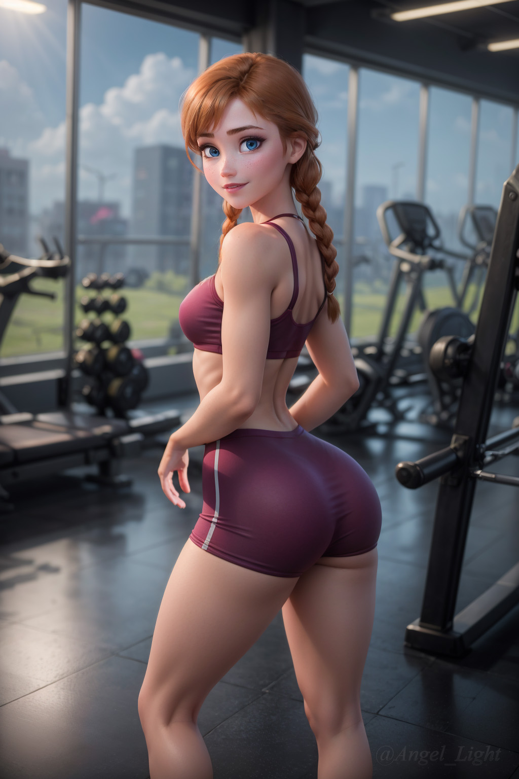 1girls, ai generated, angel light, angel light (artist), anna (frozen), ass, bra, clothing, disney, disney princess, female, frozen (film), gym, gym uniform, princess, shorts, small breasts, sportswear