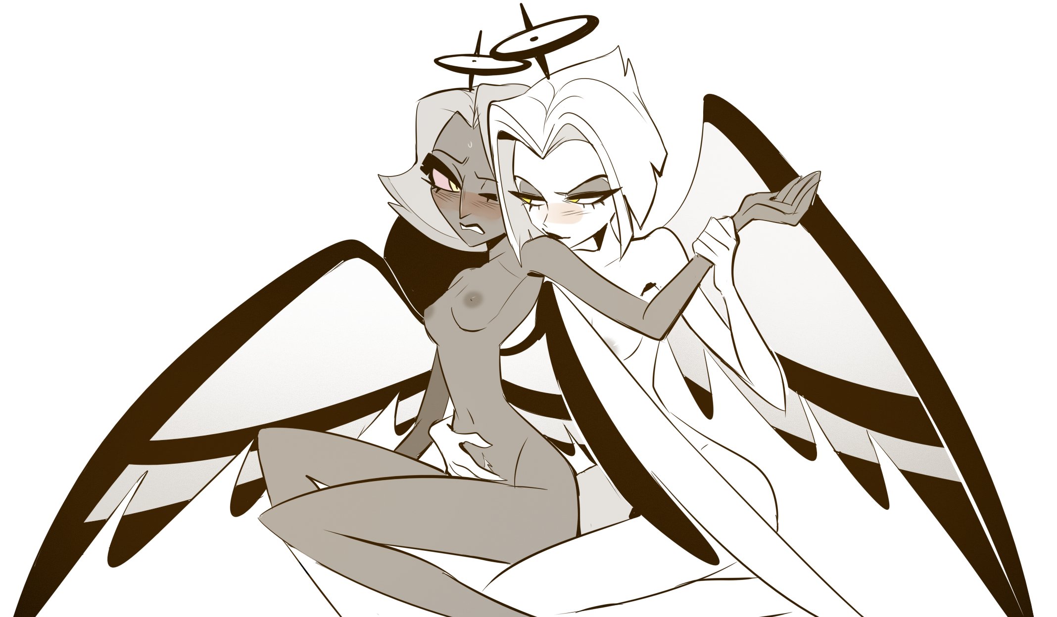 amber eyes, angel, blush, breasts, exorcist vaggie, female, female only, female/female, grey skin, hair, halo, hazbin hotel, lute (hazbin hotel), nipples, nude, oboroboroo, pubes, short hair, vaggie (hazbin hotel), white hair, yuri