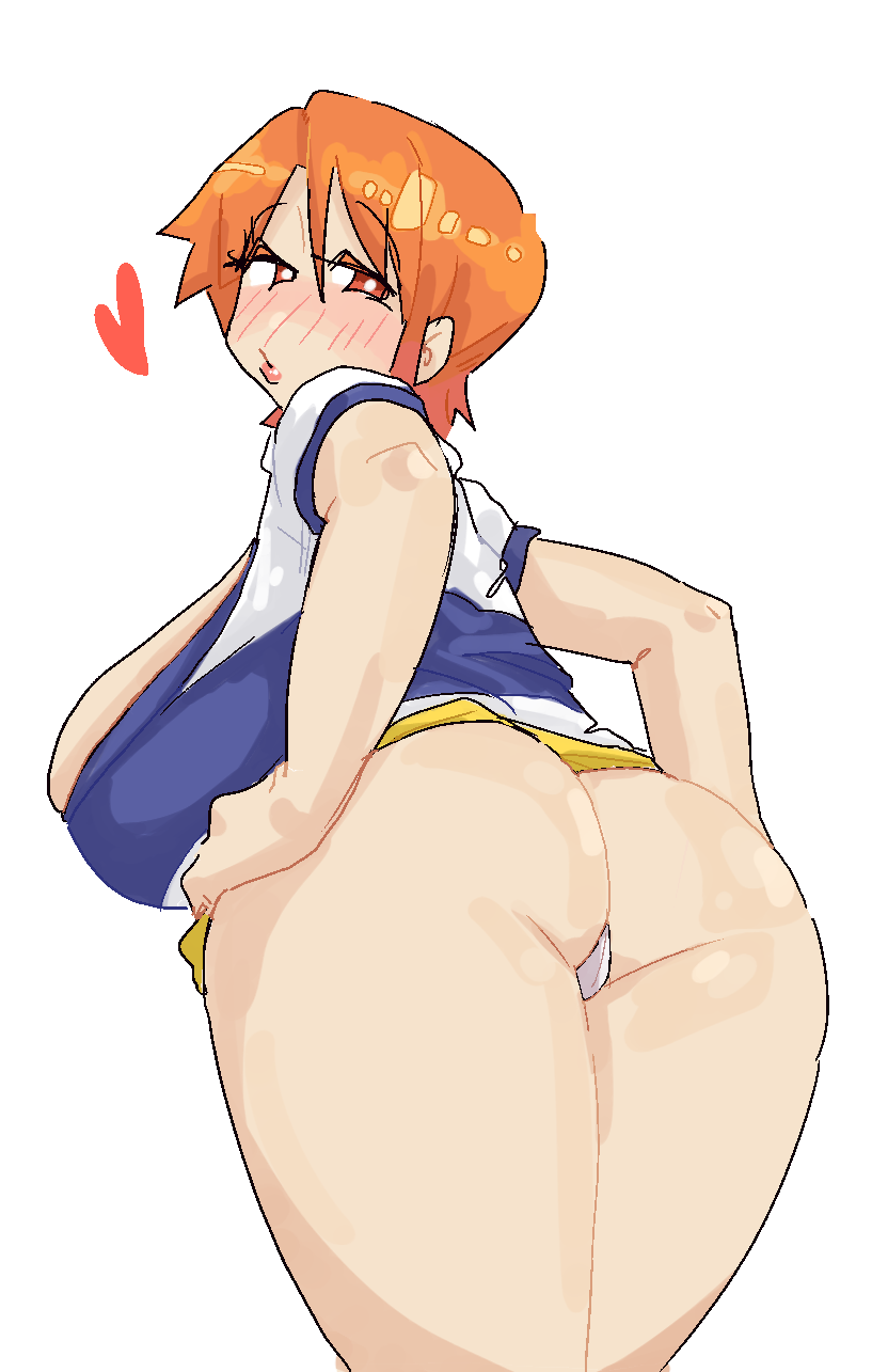 1girls ass ass_focus behind_view breasts cleavage facing_away female female_only from_behind from_behind_angle ginger ginger_hair heart large_ass large_breasts leebongchun looking_back nami official_alternate_hairstyle one_piece orange_hair panties pre-timeskip red_eyes short_hair short_shorts solo striped_shirt striped_topwear thick_ass thick_thighs thighs white_background white_panties yellow_shorts