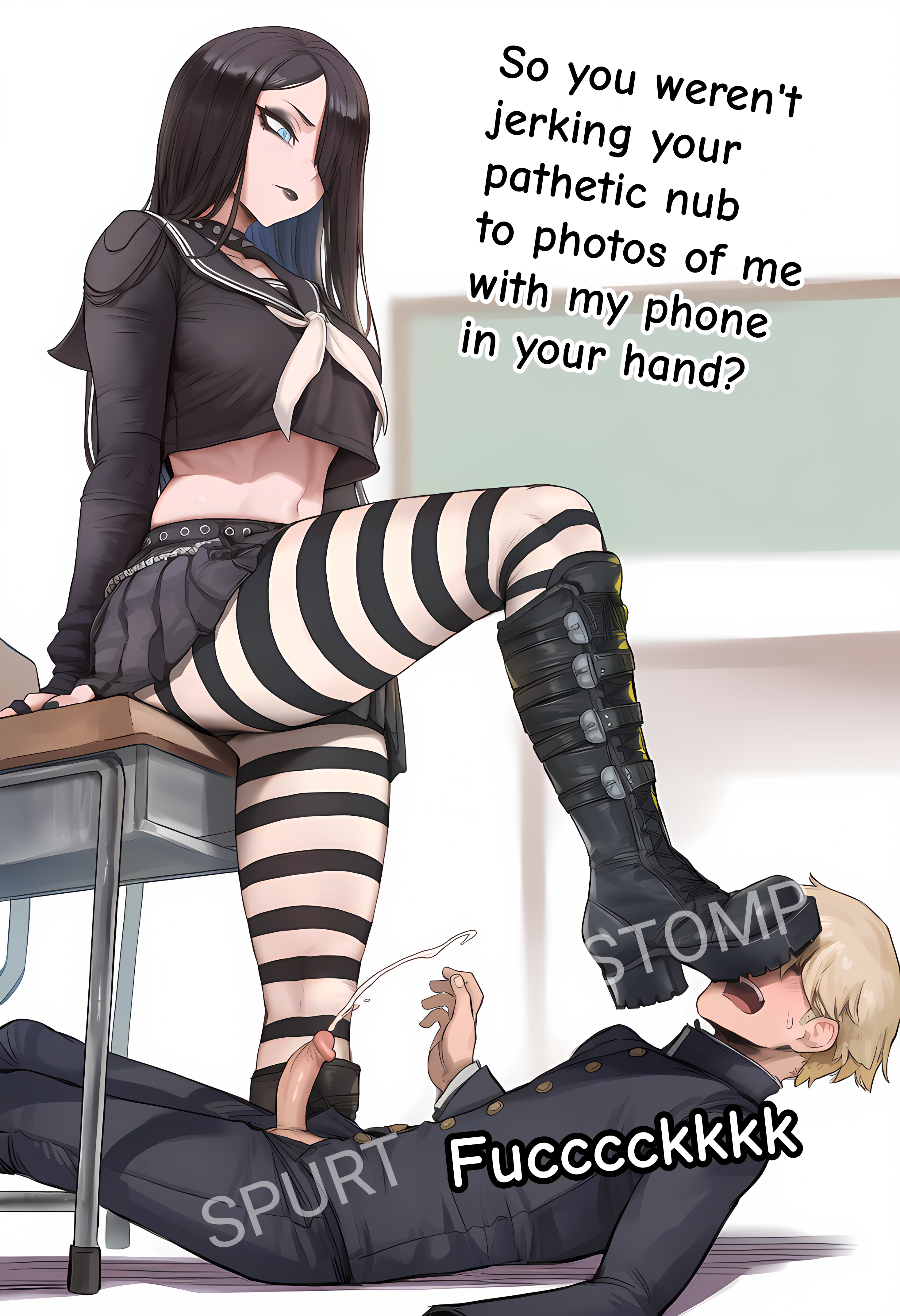 ai generated, bangs, big breasts, black clothing, black eyeshadow, black fingernails, black hair, black lipstick, black makeup, black skirt, blunt bangs, boots, collar, ejaculation, female, femdom, goth, goth girl, gothic, hair over one eye, large breasts, light blue eyes, male, marlai, open mouth, orgasm, pantyhose, penis, premature ejaculation, sailor uniform, schoolgirl, skinny, skinny male, small penis, small penis humiliation, sph, stepping on head, striped legwear, white tie