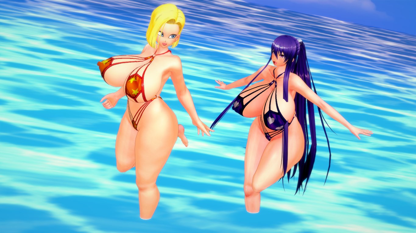 2girls action_taimanin akiyama_rinko android_18 beach big_breasts big_thighs bikini breasts busty codeyumi dragon_ball female female_only huge_breasts huge_thighs koikatsu large_breasts large_thighs sea swimsuit thick_thighs thighs voluptuous