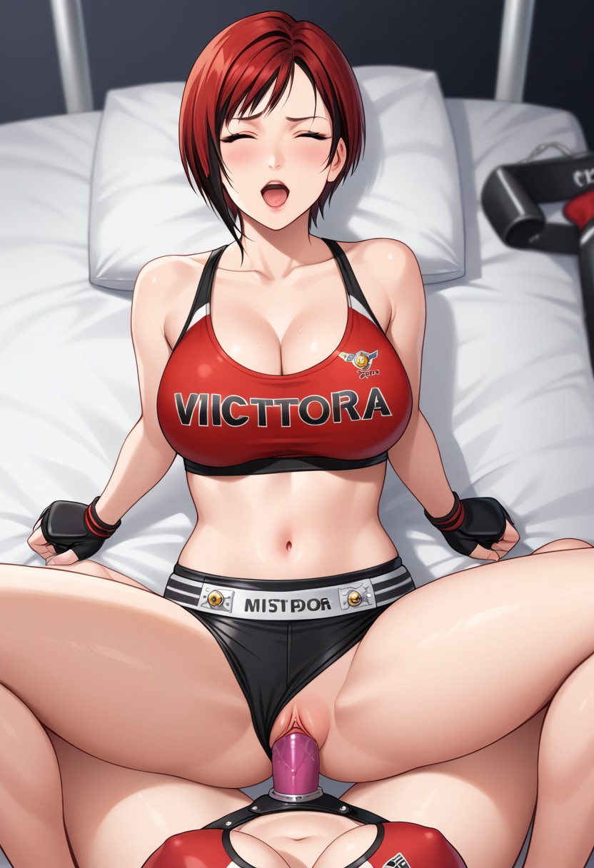 ai_generated blush closed_eyes clothed_sex dead_or_alive female_focus female_only gloves mila_(doa) missionary_position on_back on_bed open_mouth panties_aside pillow red_hair solo_focus sports_bra strap-on tina_armstrong typo yuri