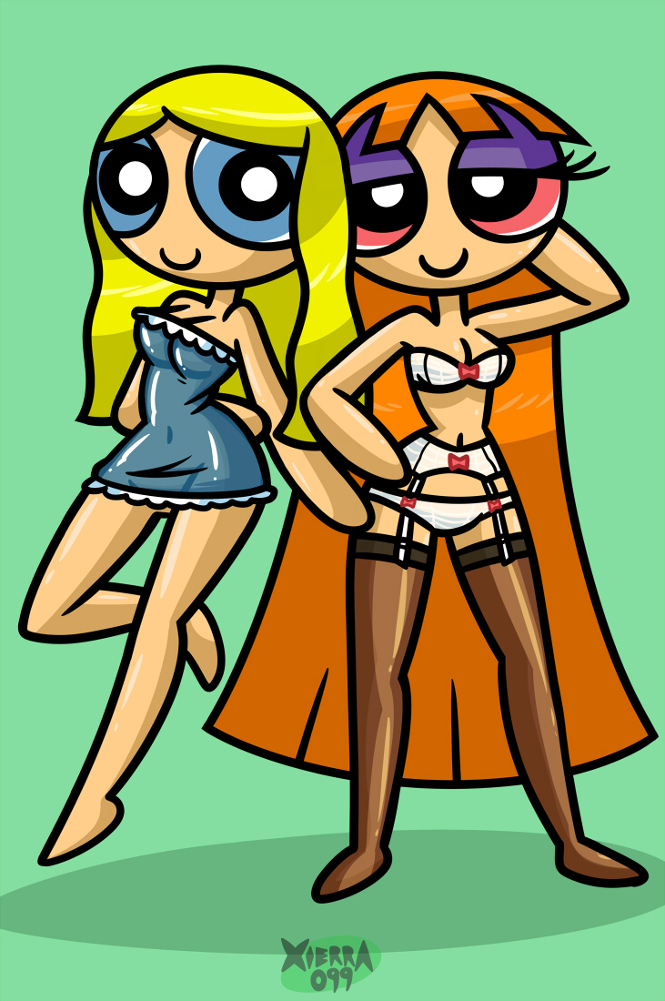 2girls aged_up artstyle_imitation bangs belly_button blonde_hair blossom_(powerpuff_girls) blue_eyes bow bow_bra bow_panties bra breasts bubbles_(powerpuff_girls) cleavage eyelashes eyeshadow female female_only green_background hair_down half-dressed half_naked half_nude human human_only light-skinned_female light_skin lingerie long_hair multiple_girls navel nightgown orange_hair pale-skinned_female pale_skin panties partially_clothed partially_naked partially_nude pink_eyes powerpuff_girls see-through see-through_clothing siblings sisters smile standing stockings underwear white_bra white_lingerie white_panties white_underwear xierra099