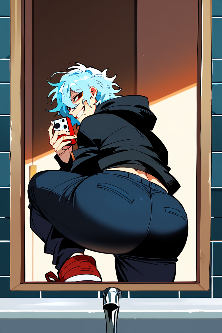 1boy ai_generated ass ass_focus ass_visible_through_thighs bathroom big_ass big_butt black_hoodie black_pants boku_no_hero_academia gay hoodie male male_only mirror my_hero_academia pants phone selfie shigaraki_tomura tomura_shigaraki yaoi