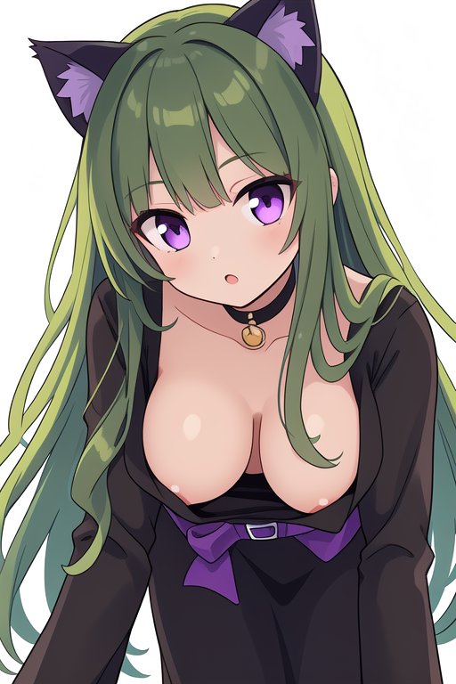 1girls ai_generated big_eyes cat_ears cat_girl catgirl cute cute_face dress emerald_(flanofart) female flanofart green_hair kemonomimi nekomimi original_character purple_eyes round_eyes solo solo_female solo_focus tagme