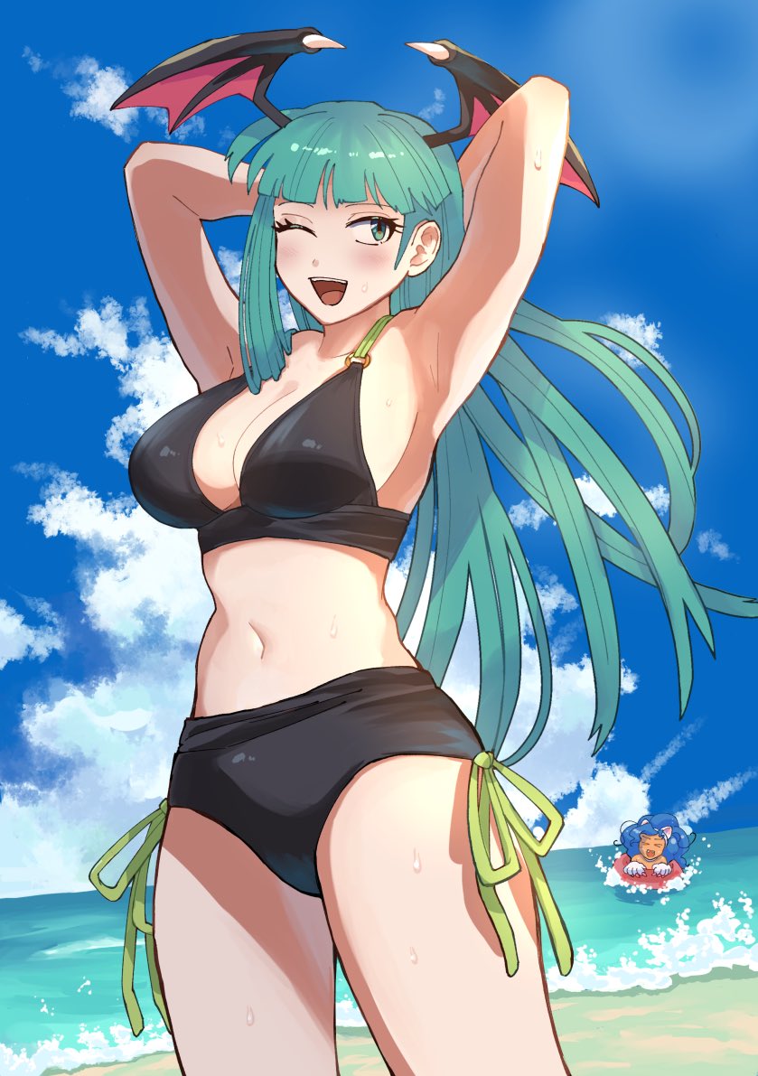 2girls animal_ears armpits arms_behind_head bikini black_bikini blue_hair breasts cat_ears cat_girl cleavage darkstalkers felicia_(darkstalkers) green_eyes green_hair head_wings large_breasts morrigan_aensland multiple_girls navel not_porn ocean one_eye_closed open_mouth outdoors sfw succubus swimsuit thighs wings wink