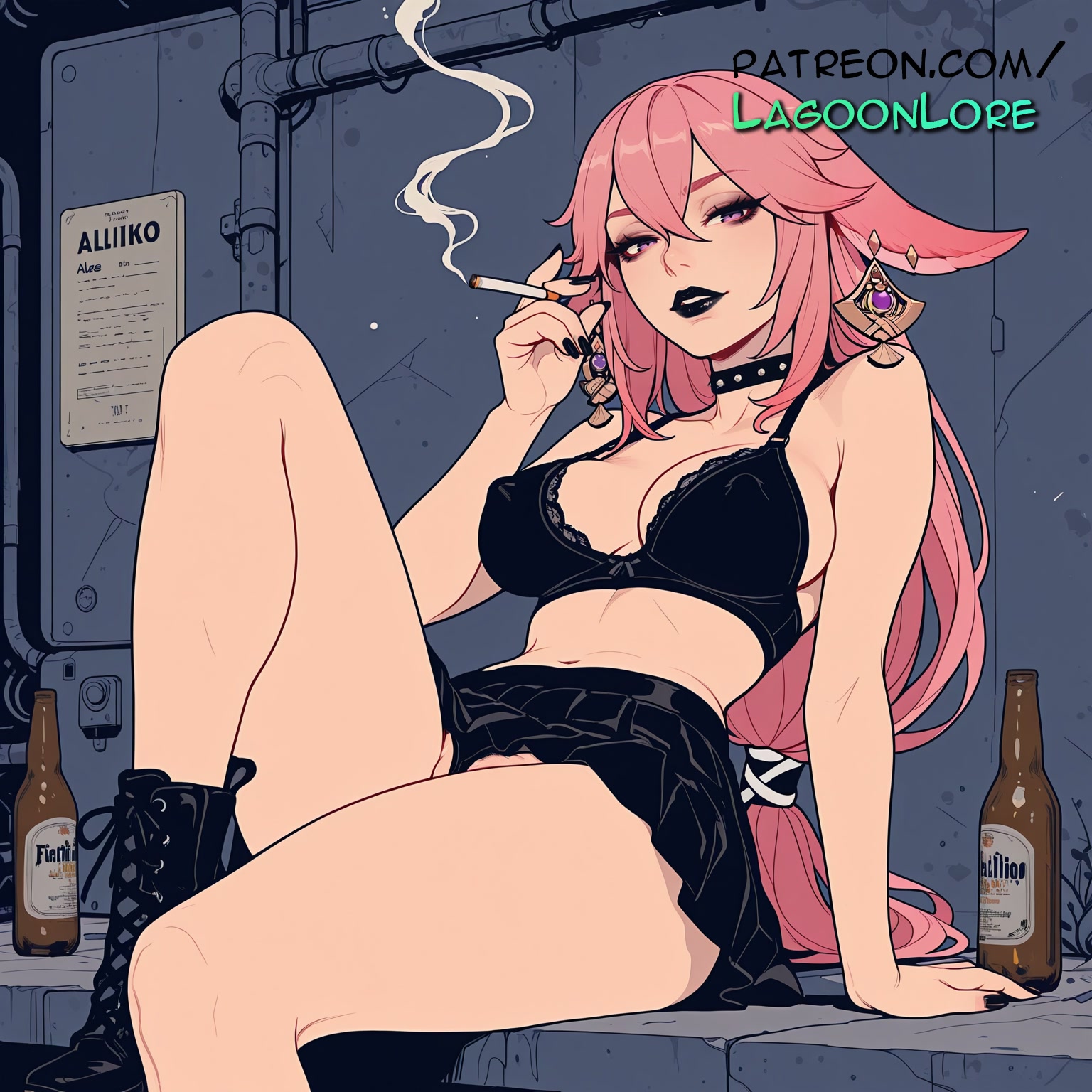 ai generated, alcohol, artist name, beer, beer can, black bra, black nails, boots, bottle, bra, brand name imitation, breasts, bust, can, chest, cigarette, coca-cola, disposable cup, drunk, earrings, english text, female, genshin impact, hair between eyes, hi res, highres, holding bottle, holding can, holding cigarette, jewelry, lagoonlore, long hair, looking at viewer, monster energy, nail polish, open mouth, patreon, patreon username, pink hair, sitting, skirt, solo, underwear, very long hair, watermark, yae miko