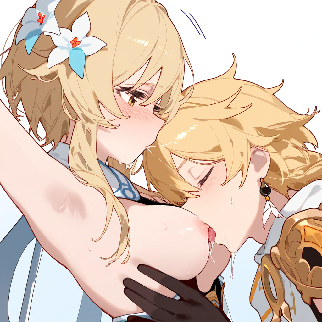 1boy, 1girls, aether (genshin impact), ai generated, blonde hair, breast lick, breast licking, breast sucking, breasts, brother and sister, female, genshin impact, horny female, incest, lumine (genshin impact), male, mihoyo, pleasure face, sex, straight, unknown artist