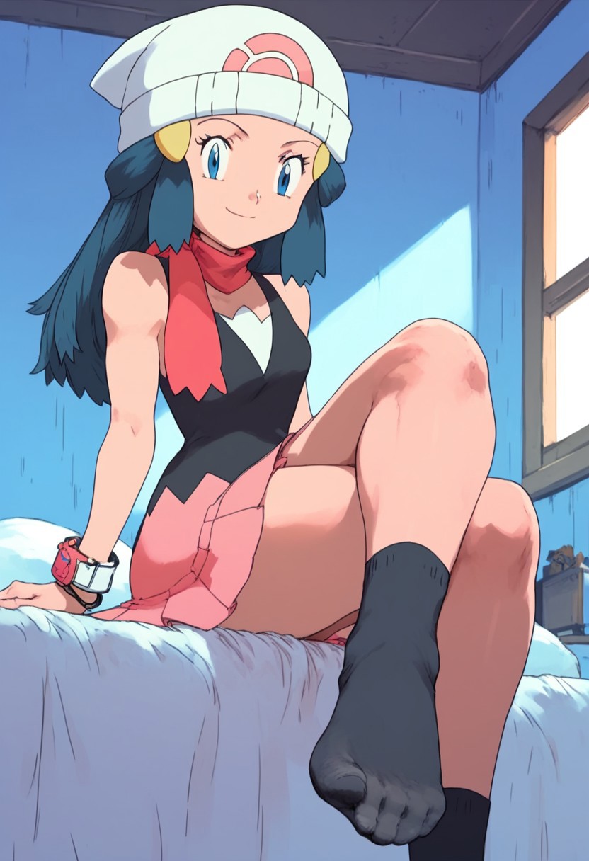 1girls ai_generated black_legwear civitai dawn_(pokemon) female foot_fetish foot_focus footwear legs_crossed nintendo pokemon smile socks