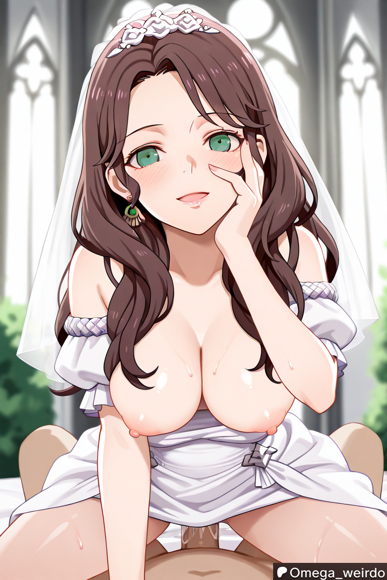 1girl1boy ai_generated big_breasts blush brown_hair dorothea_arnault earrings exposed_breasts female fire_emblem fire_emblem:_three_houses green_eyes hand_on_own_face long_hair looking_at_viewer looking_pleasured omega_weirdo patreon pov sex straddling wedding wedding_dress wedding_night wedding_veil