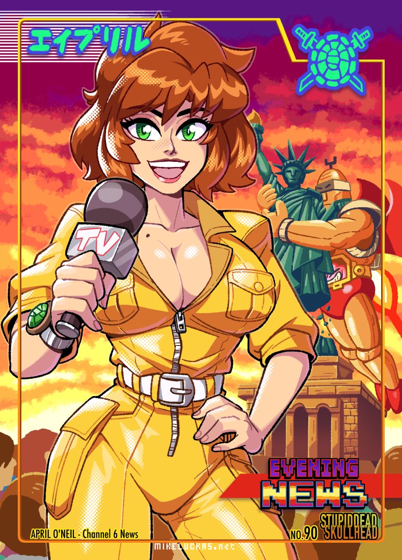 1girls april_o'neil april_o'neil_(tmnt_1987) belt breasts brown_hair datskelebutt electronics female green_eyes hand_on_own_hip human large_breasts lips microphone mole mole_on_breast monster news_reporter open_mouth pale_skin public public_domain robot smile statue statue_of_liberty sunset teenage_mutant_ninja_turtles teeth text upper_teeth_only wristwear zipper