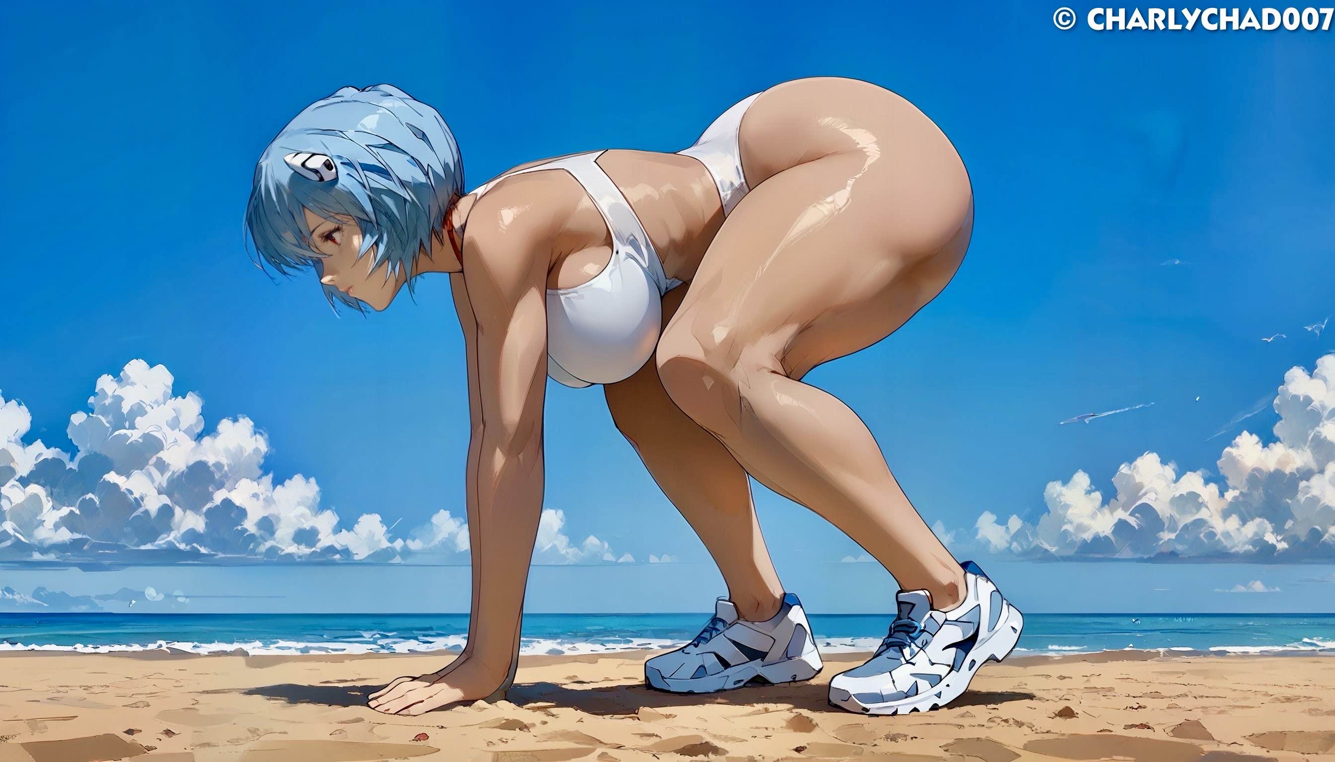 ai generated, ass, big ass, breasts, charlychad007, female, female only, huge breasts, neon genesis evangelion, rei ayanami, thick thighs, wallpaper
