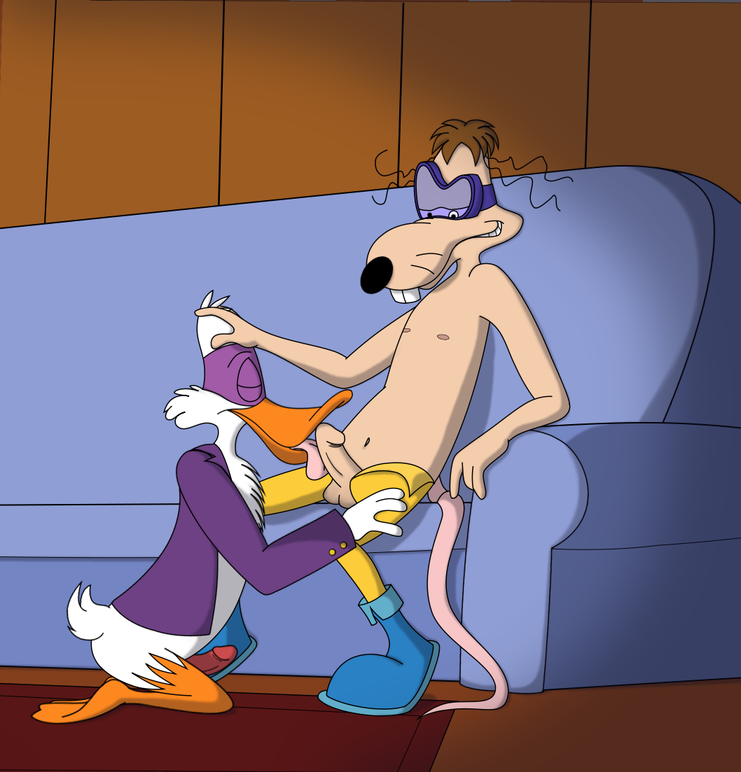 anthro darkwing_duck darkwing_duck_(character) disney fellatio furry gay ladyariaa male male_only megavolt multiple_males oral penis yaoi