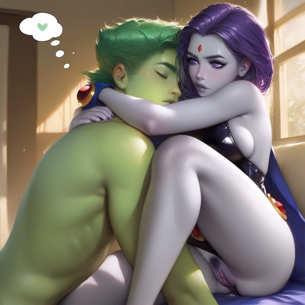 ai_generated beast_boy embrace forehead_jewel leotard leotard_aside purple_hair rachel_roth raven_(dc) thighs