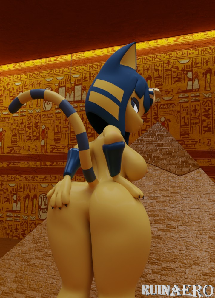 3d 3d_(artwork) animal_crossing ankha ankha_(animal_crossing) ankha_(hazeker) ass_focus ass_grab ass_spread blender_(software) female female_only from_behind furry furry_only grabbing_ass grabbing_own_ass looking_at_viewer naked naked_female ruinaero