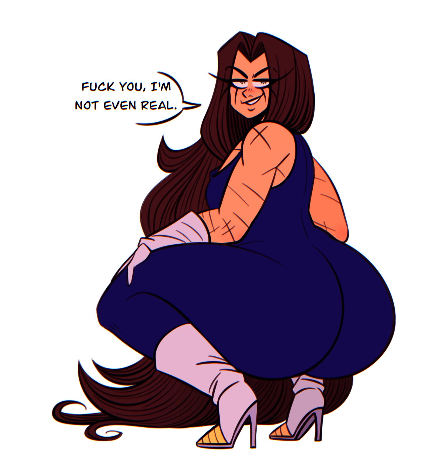 1boy bedroom_eyes big_ass big_butt brown_hair dialogue dilf dragon_ball dragon_ball_z femboy femboy_dilf feminine_male gay grin heel_boots high_heels huge_ass jah_(artist) profanity really_long_hair scars solo speech_bubble squatting tan_skin thick_thighs vegeta