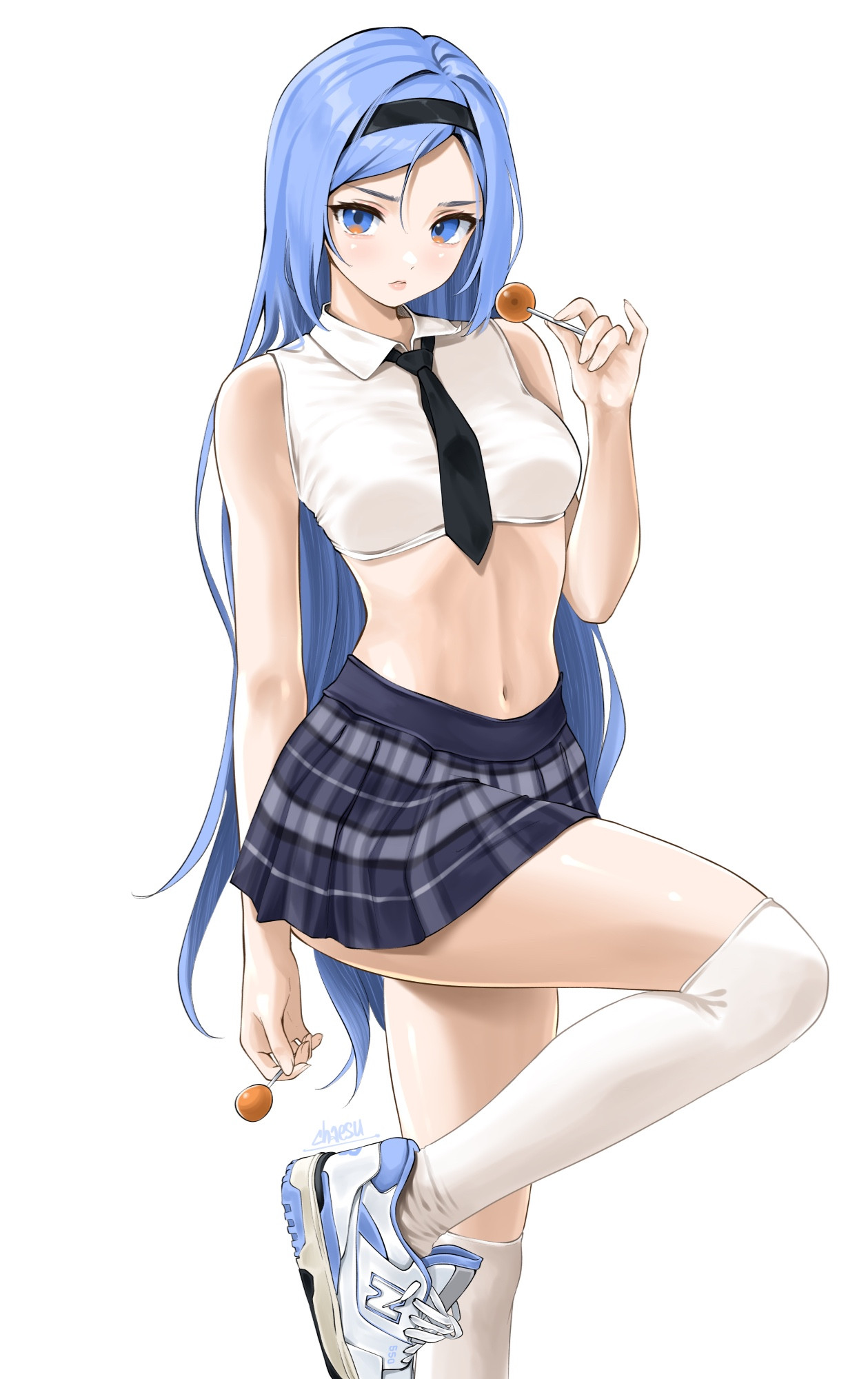 1girls, blue eyes, blue hair, chaesu, cosplay, female, female only, fully clothed, kneehighs, long hair, looking at viewer, minah, miniskirt, original, original character, pose, posing, schoolgirl uniform, skirt, stockings, stomach, thighs