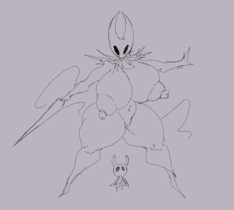 1boy 1boy1girl 1girls 2024 2d areolae ass big_ass big_breasts big_butt big_female big_female_small_male breasts breasts_bigger_than_head casual_nudity cloak female_on_top hollow_knight hornet_(hollow_knight) large_breasts nail naked naked_female nipples nipples_outside olozva protagonist_(hollow_knight) pussy size_difference sketch sword thick_thighs wide_hips