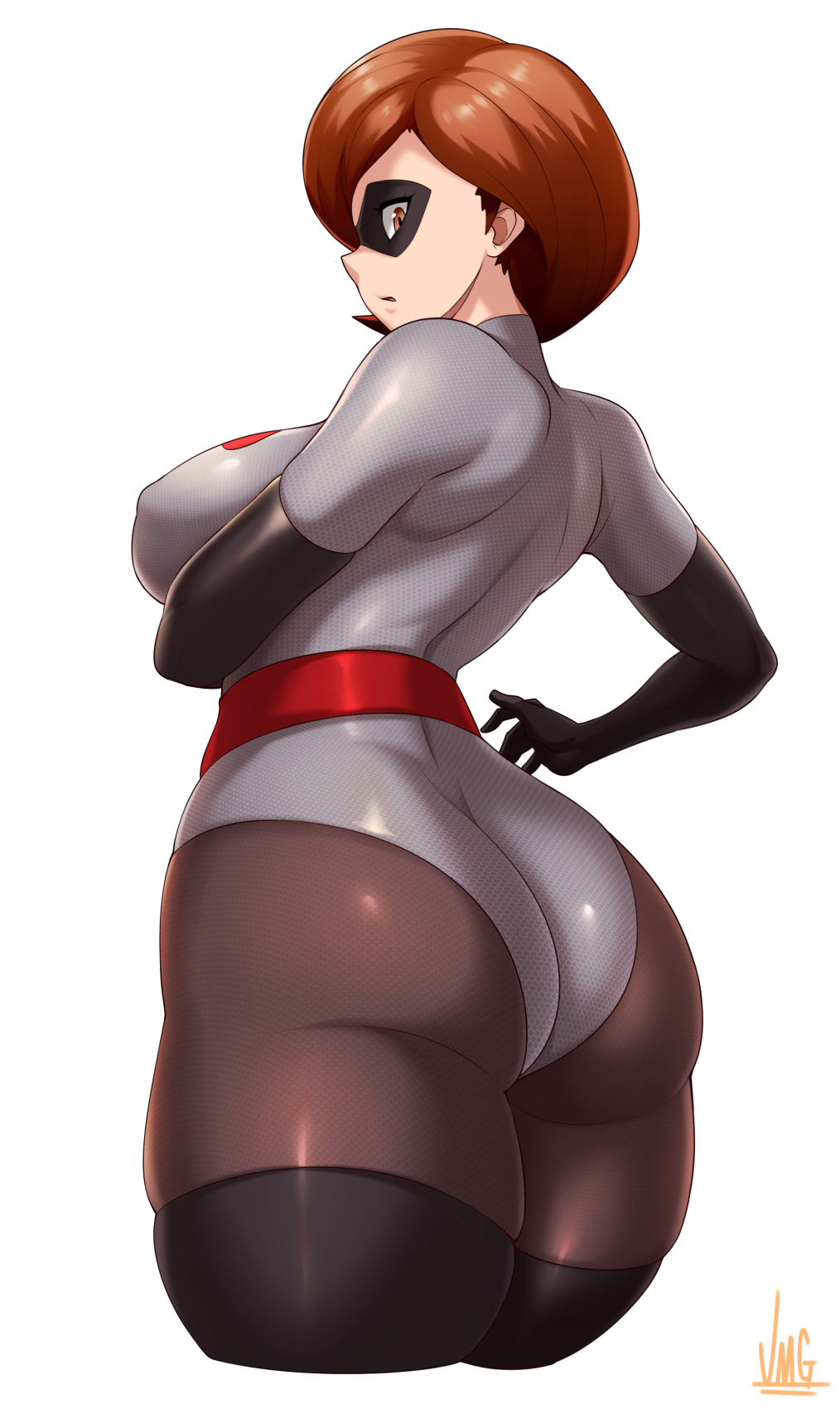 artist_name ass black_legwear bodysuit breasts brown_hair commentary disney elastigirl english_commentary female from_behind grey_leotard helen_parr highres jmg large_breasts leotard mature_female milf pantyhose pixar pixar_mom short_hair simple_background skindentation solo superhero_costume the_incredibles the_incredibles_2 thick_thighs thighhighs thighs white_background