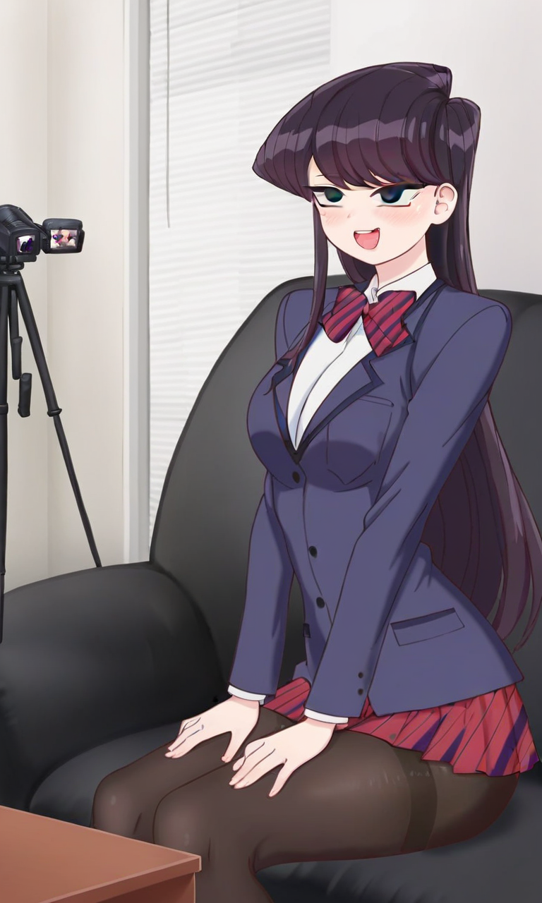 1girl ai_generated camera casting_couch couch_sitting female female_focus female_only komi-san_wa_komyushou_desu komi_can't_communicate komi_shouko leggings long_black_hair long_hair red_bowtie school_uniform sitting skirt smiling