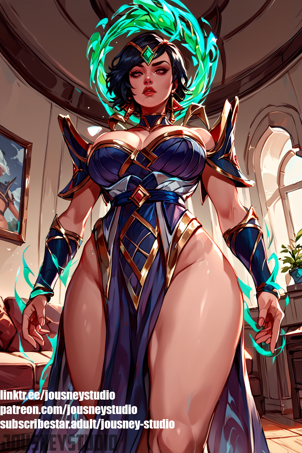 ai-created ai_generated armor bangs black_hair blue_dress breasts cleavage clothing dress earrings female female_only indoors jewelry jousneystudio karma_(league_of_legends) large_breasts league_of_legends lips looking_at_viewer looking_down makeup multicolored_dress parted_lips pelvic_curtain plant potted_plant red_eyes red_lips shiny shiny_skin short_hair shoulder_armor solo standing thick_thighs thighs window