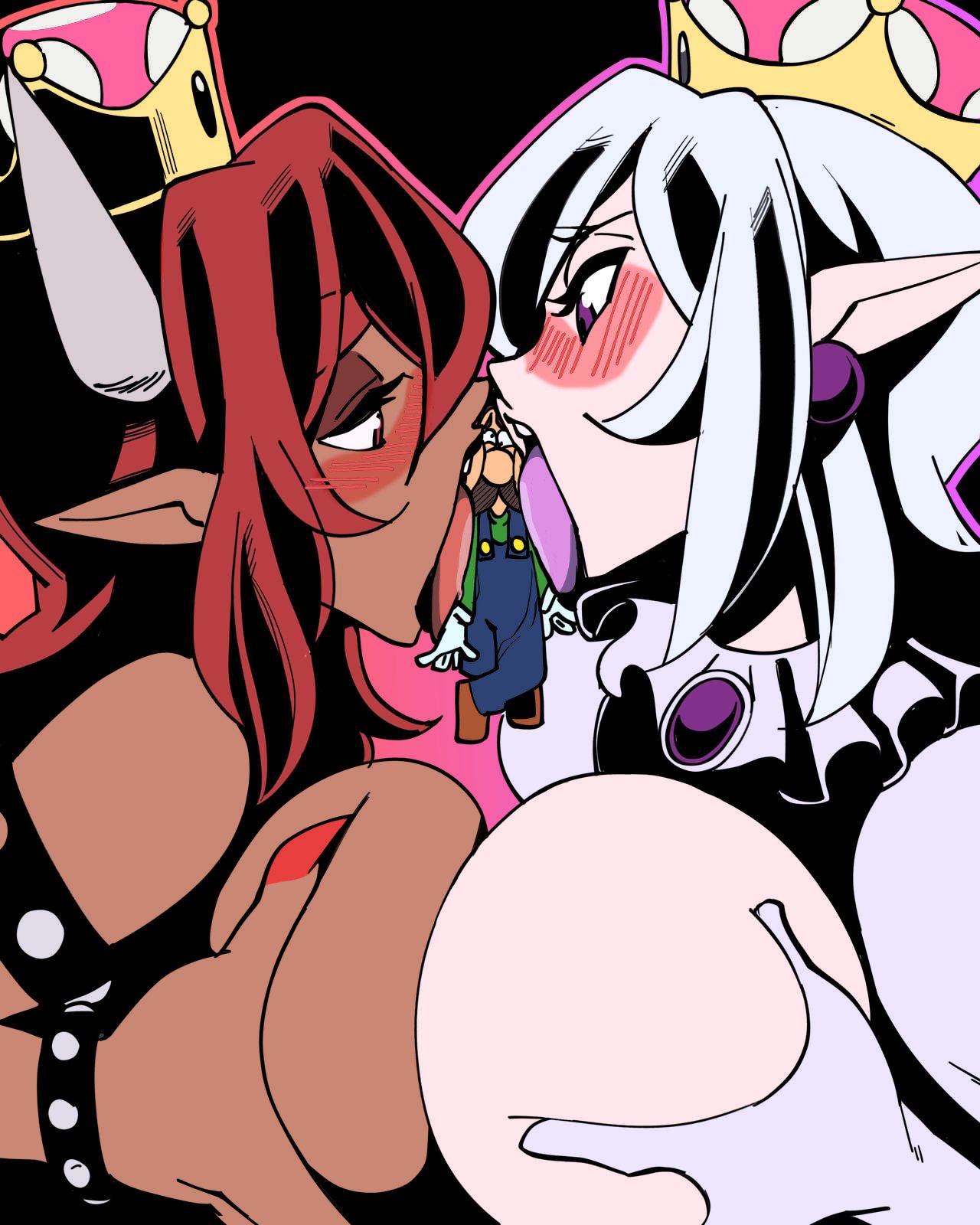 1boy 2019 2girls black_background blue_overalls blush boosette bowsette breast_grab breast_squeeze breasts breasts_squeezed_together clothing crown dark-skinned_female dark_skin facial_hair female ghost ghost_girl giantess gigantic_breasts green_shirt horns human humanoid large_breasts larger_female licking luigi luigi's_mansion male mario_(series) massive_breasts moustache new_super_mario_bros._u_deluxe nintendo nisego open_mouth pointy_ears purple_eyes purple_tongue red_eyes red_hair size_difference smaller_male tongue tongue_out voluptuous voluptuous_female white_dress white_hair