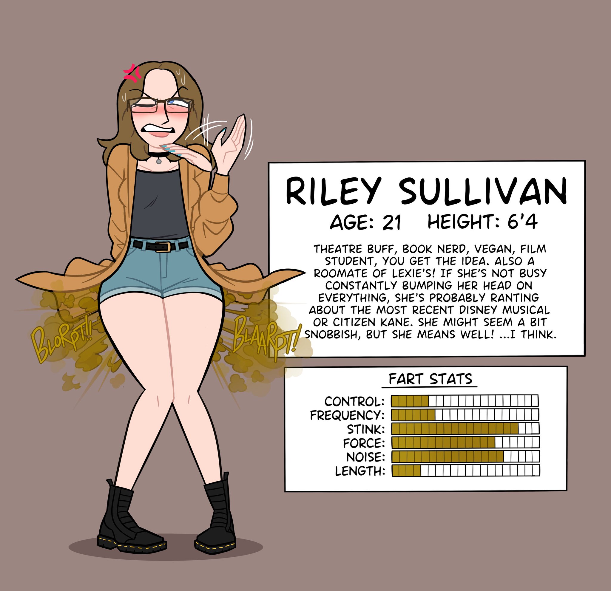 angry, brown hair, character sheet, denim shorts, fanning self, fart, fart cloud, fart fetish, farting, oddtenn, riley (oddtenn)