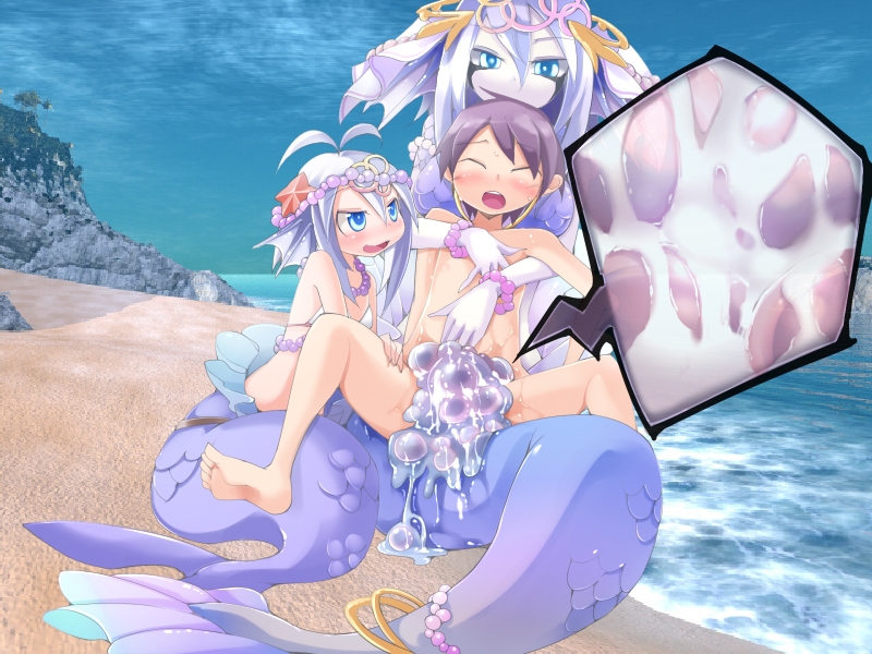 1boy 2girls elle female femdom luka_(mon-musu_quest!) male malesub mermaid mermaid_queen monster_girl monster_girl_quest straight