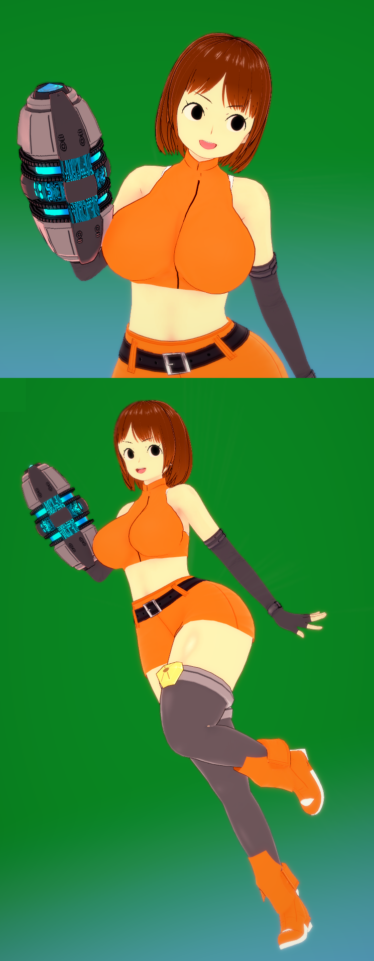 3d arm_cannon belt black_eyes breasts brown_eyes brown_hair clothing crop_top elbow_gloves female fingerless_gloves footwear gloves green_background huge_breasts koikatsu large_breasts midriff mii_gunner mii_gunner_(smash_4) navel nintendo open_mouth short_hair skirt smile solo super_smash_bros. thick_thighs thighhighs thighs weapon