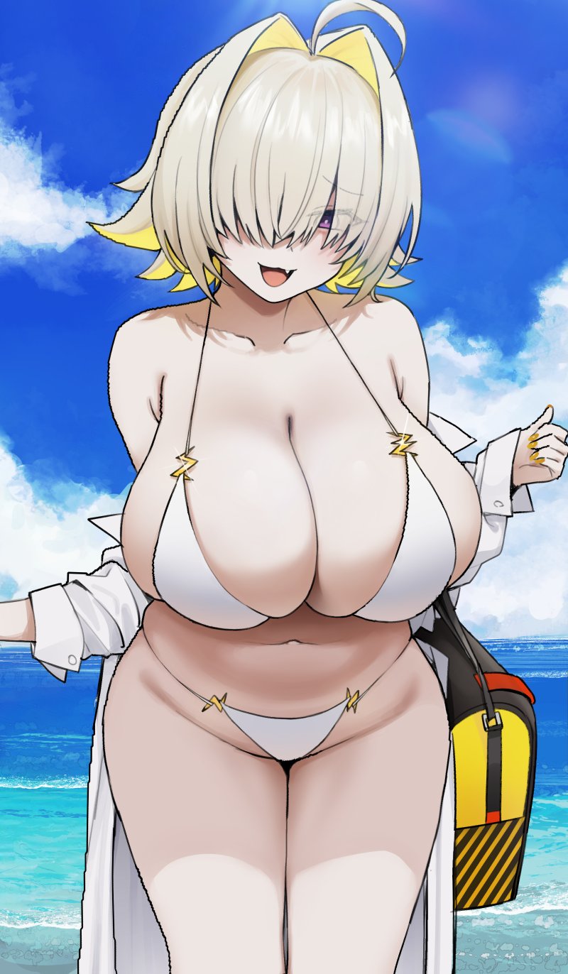 ahoge bag bikini black_nails blonde_hair blue_sky breasts cleavage cloud commentary day elegg_(nikke) female goddess_of_victory:_nikke hair_between_eyes hair_intakes hair_over_one_eye highres huge_breasts looking_at_viewer nago_purin open_clothes open_mouth outdoors shirt short_hair skindentation sky solo sparkle swimsuit symbol-only_commentary white_bikini