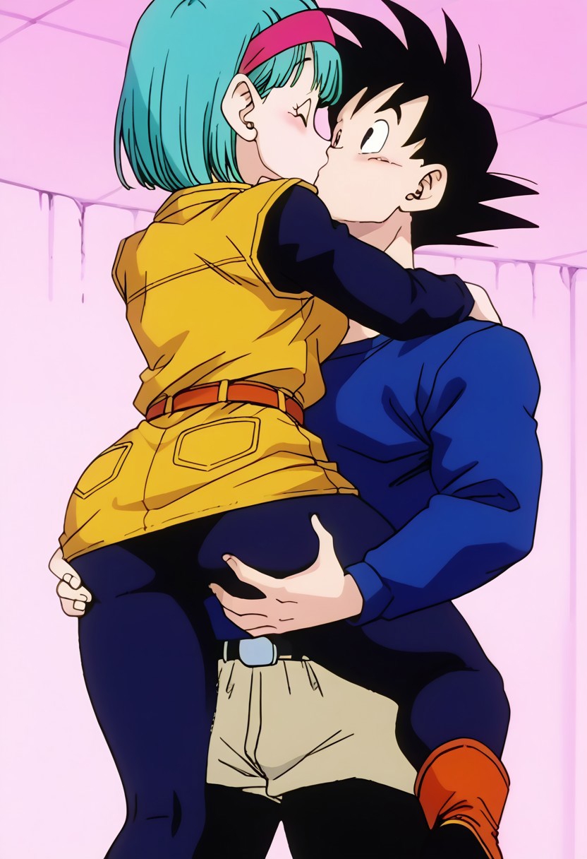 ai_generated ass big_ass bulma_briefs bulma_briefs_(frieza_saga) carrying dragon_ball dragon_ball_z excited goku horny_male kissing lifting naked netorare ntr seductive son_goku spaceship_interior stable_diffusion unfaithful