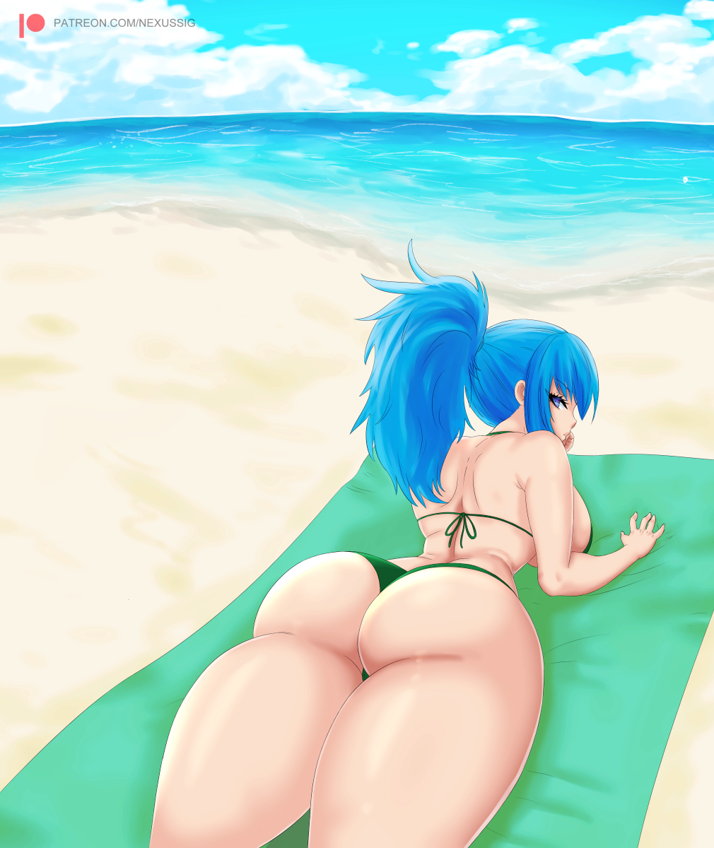 1girls ass ass_up beach beach_towel big_ass big_breasts bikini blue_eyes blue_hair breasts busty chest clothed clouds dat_ass fat_ass female from_behind green_bikini huge_ass king_of_fighters leona_heidern light-skinned_female light_skin long_hair looking_at_viewer looking_back nexus-sig on_ground on_stomach ponytail sand sea seaside sunbathing thick thick_ass thick_thighs thighs tied_hair tight_clothes water wide_hips