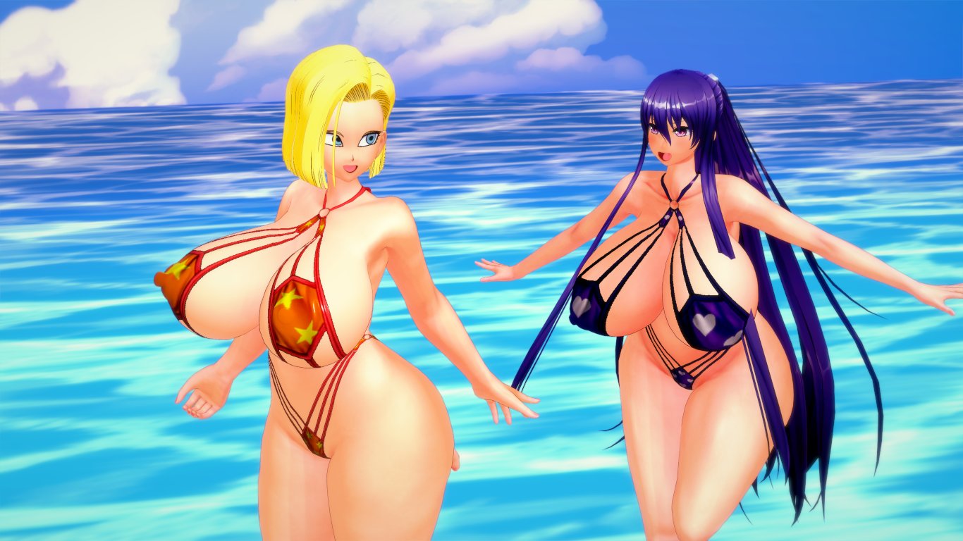 2girls action_taimanin akiyama_rinko android_18 beach big_breasts big_thighs bikini breasts busty codeyumi dragon_ball female female_only huge_breasts huge_thighs koikatsu large_breasts large_thighs sea swimsuit thick_thighs thighs voluptuous