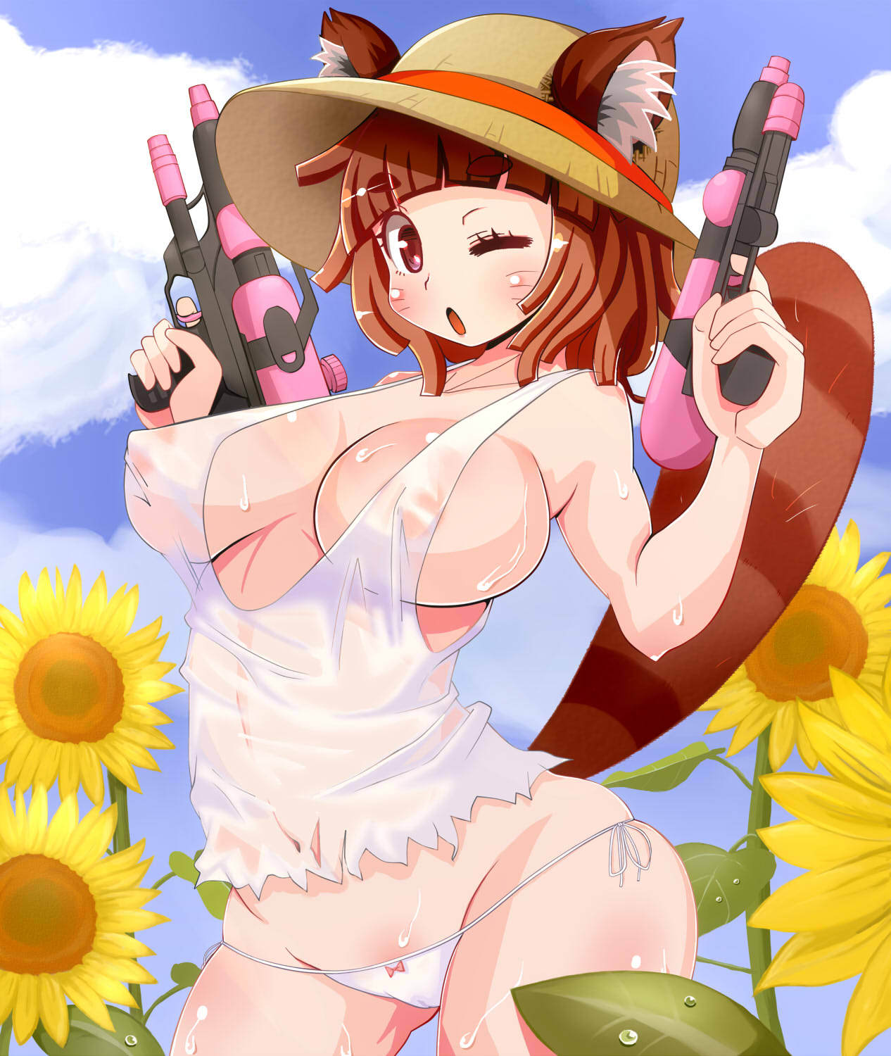 abuno animal_ears blush bow bow_panties breasts brown_eyes brown_hair cleavage cloud clouds covered_nipples dual_wielding female flower hat highres huge_breasts large_breasts looking_at_viewer lowleg lowleg_panties mound_of_venus nipples open_mouth original outdoors panties raccoon_ears raccoon_tail see-through sheer short_hair side-tie_panties skindentation sky smile solo straw_hat sunflowers tail underwear water_gun wet wet_clothes white_panties wink