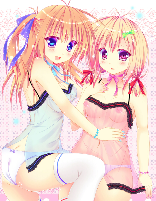 2girls ass babydoll blonde_hair blush bow bowtie breasts camisole chemise cleavage female gradient_eyes hair_ornament happy hug long_hair looking_at_viewer multicolored_eyes multiple_girls nail_polish navel nipples open_mouth orange_hair original panties purple_eyes ribbon ribbon_choker see-through sitting smile suzukawa_yui thighhighs tied_hair twintails underwear white_panties yuri