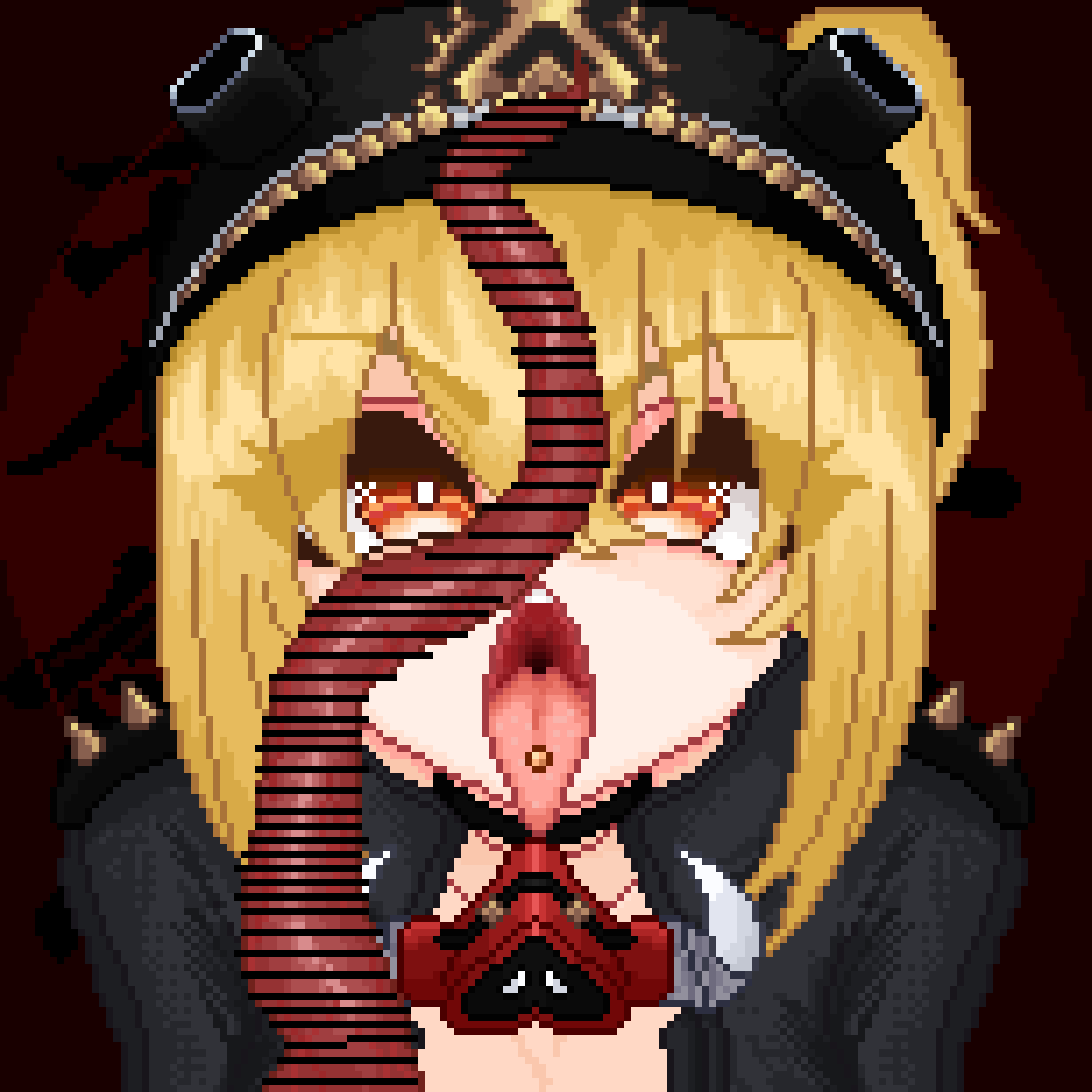 1boy 1girls biker biker_clothes blonde_hair femsub hat huge_cock imminent_oral katharsis luciana_de_montefio lucy_(zenless_zone_zero) maledom open_mouth oral orange_eyes pig pig_penis pixel_art short_hair tongue tongue_out tongue_piercing zenless_zone_zero zoophilia