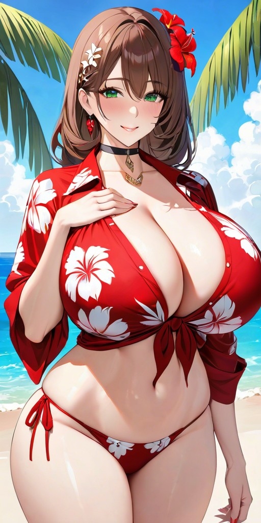 1girls ai_generated bangs beach big_breasts bikini bikini_bottom blush bottomwear breasts brown_hair choker cleavage collar collarbone commentary_request curled_hair curly_hair curvaceous curvy curvy_female curvy_figure earrings female female female_focus female_only flower flower_in_hair front-tie_top front_view green_eyes hair_between_eyes hair_ornament hand_on_breast hand_on_chest hawaiian_shirt hourglass_figure huge_breasts lia_the_busty_redhead long_hair looking_at_viewer mature mature_female mature_woman micro_bikini navel necklace no_bra_under_clothes ocean original original_character outdoors outside palm_tree red_bikini red_bottomwear sand sea seaside seductive self_upload shirt smile smiling smiling_at_viewer solo solo_female solo_focus sunset tagme thick_thighs thighs tied_bikini tied_shirt voluptuous voluptuous_female water wide_hips young_woman