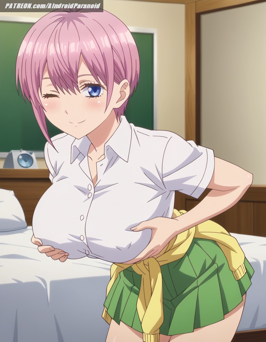 ai generated, aindroidparanoid, ass, bedroom, bent over, big breasts, blue eyes, breasts, busty, curvy, fat ass, female, female only, flirting, gigantic breasts, go-toubun no hanayome, grabbing own breast, hips, huge breasts, indoors, large breasts, leaning forward, nakano ichika, nipples, pink hair, school uniform, schoolgirl, seductive, shirt, short hair, skirt, squeezing, squeezing breast, stable diffusion, thick thighs, tight clothing, voluptuous, wide hips