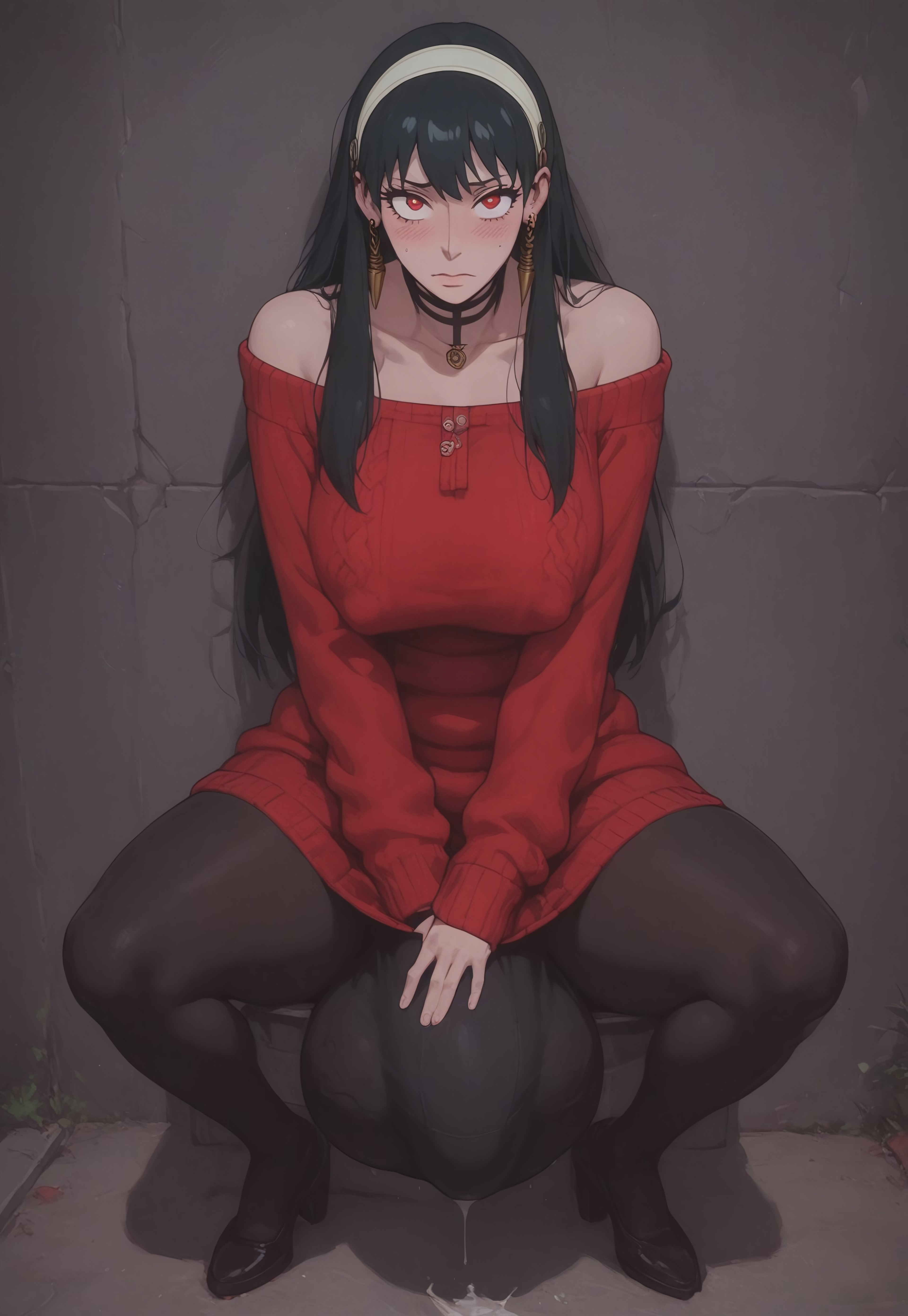 1futa, ai generated, balls, black hair, bulge, bulge through clothing, civitai, cum, embarrassed, flaccid, flaccid penis, futa only, futa sans pussy, futanari, highres, huge balls, huge cock, intersex, leaking cum, penis, red eyes, spy x family, yor briar, yor forger