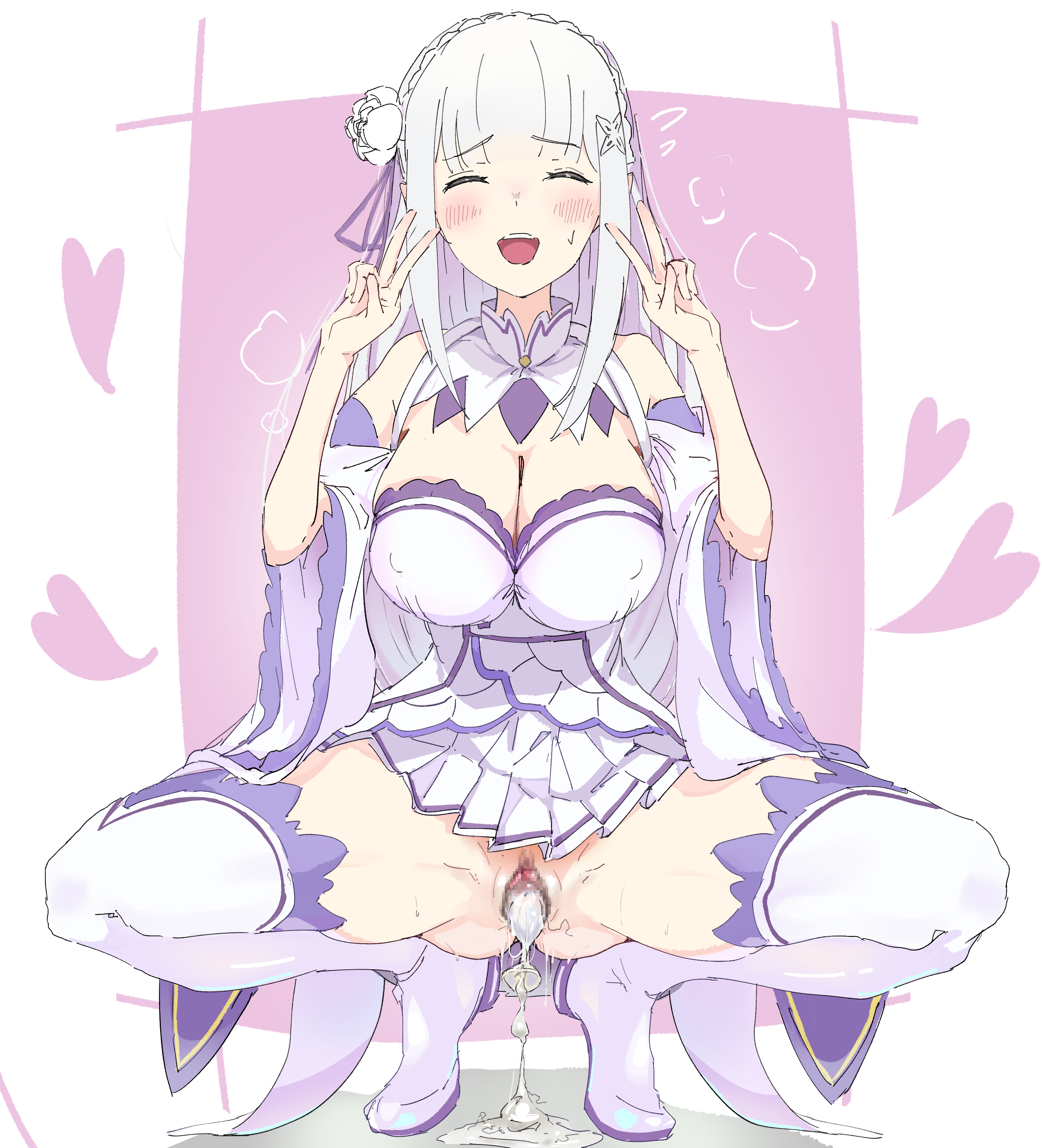 1girls, after sex, after vaginal, ass, bottomless, censored, censored pussy, cleavage, cum, cum in pussy, elf, elf ears, elf female, elf girl, emilia (re:zero), female, half naked, half-dressed, mosaic censoring, no panties, open legs, peace sign, pussy, re:zero kara hajimeru isekai seikatsu, silver hair, smiling at viewer, solo, solo focus, spread legs, squatting, thighs
