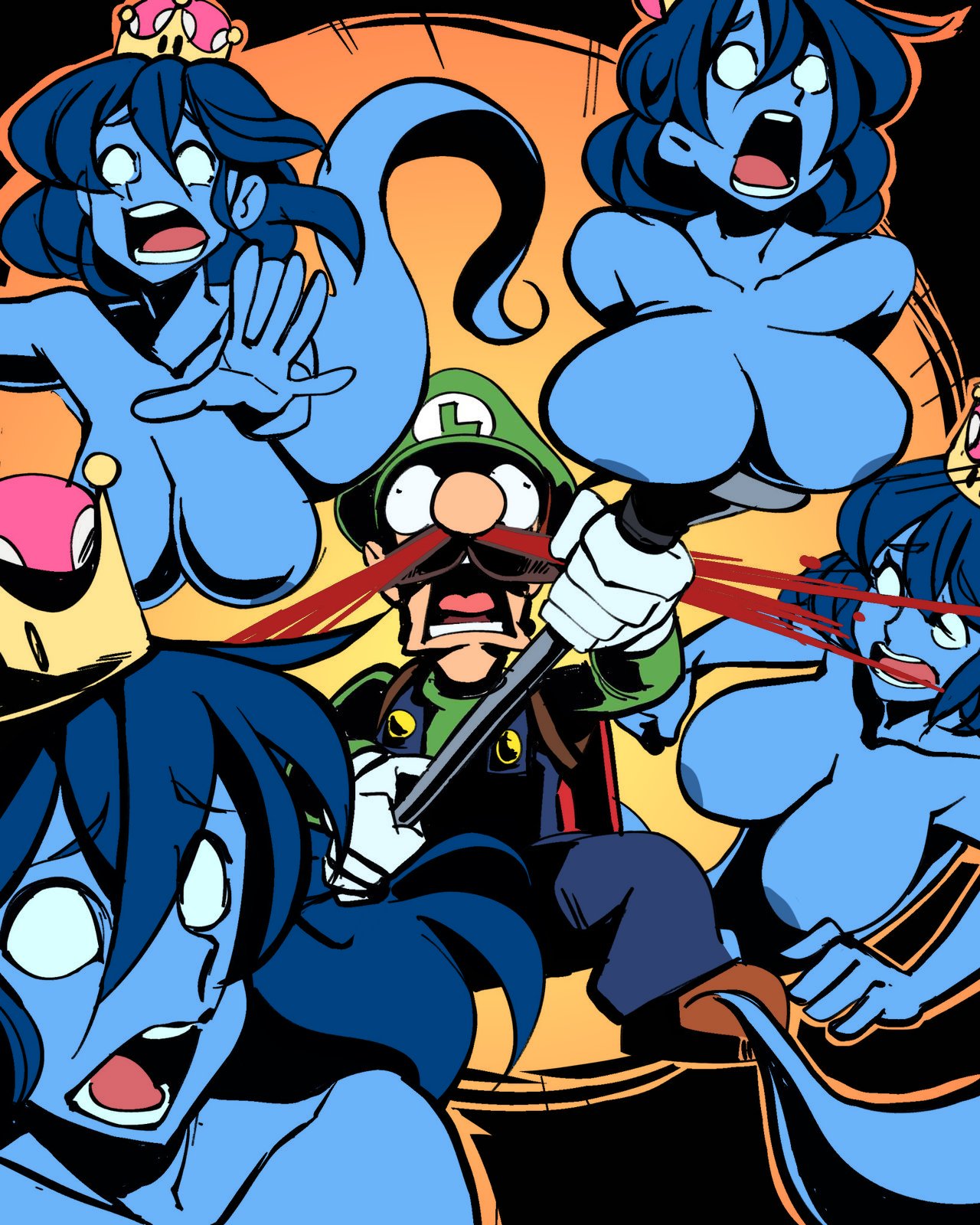 1boy 2019 4girls blood blue_hair blue_overalls blue_skin bodily_fluids breasts clothed crown facial_hair female ghost ghost_girl green_hat green_shirt hat human luigi luigi's_mansion male mario_(series) moustache new_super_mario_bros._u_deluxe nintendo nipples nisego nosebleed open_mouth scared screaming super_crown vacuum white_gloves