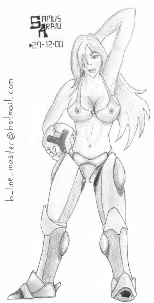 2000 armpits character_request email email_address female female_only helmet human large_breasts long_hair metroid monochrome nintendo pencil_(artwork) samus_aran solo topless traditional_media_(artwork)