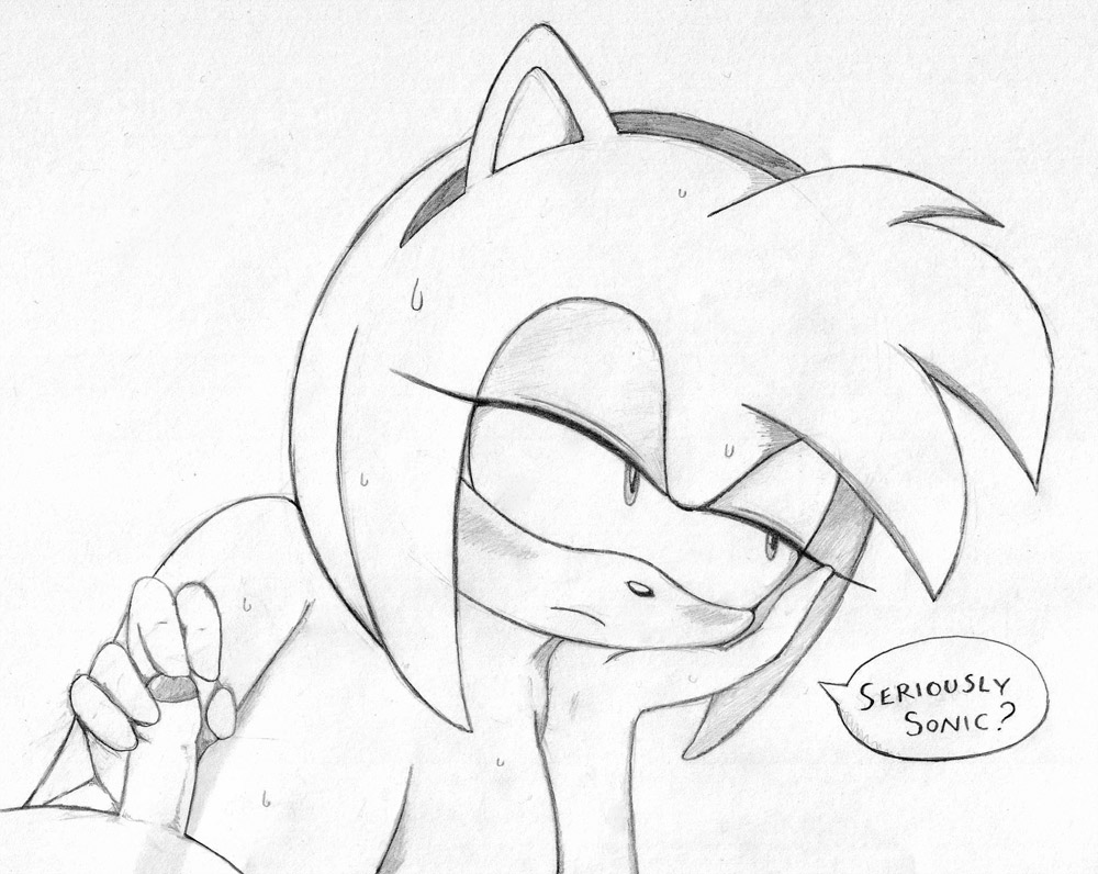 amy rose, anthro, black and white, blush, bored, breasts, dialogue, erection, excito, female, foreskin, glans, handjob, hedgehog, male, monochrome, partially retracted foreskin, penis, retracted foreskin, sega, small penis, small penis humiliation, sonic (series), sonic the hedgehog, sonic the hedgehog (series), uncircumcised, uncut, unimpressed, unsatisfied