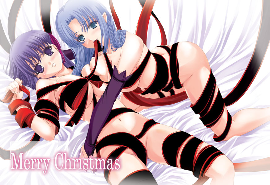 2girls all_fours areolae bed blue_eyes blue_hair blush braid breast_press breasts bridal_gauntlets caster_(fate/stay_night) christmas fate/stay_night fate_(series) female hair_ribbon head_tilt large_breasts long_hair lying matou_sakura medea_(fate) mouth_hold multiple_girls naked_ribbon navel no_bra nude on_back pointy_ears purple_eyes purple_hair q-gaku ribbon ribbons side_braid sideboob smile symmetrical_docking thighs type-moon underboob