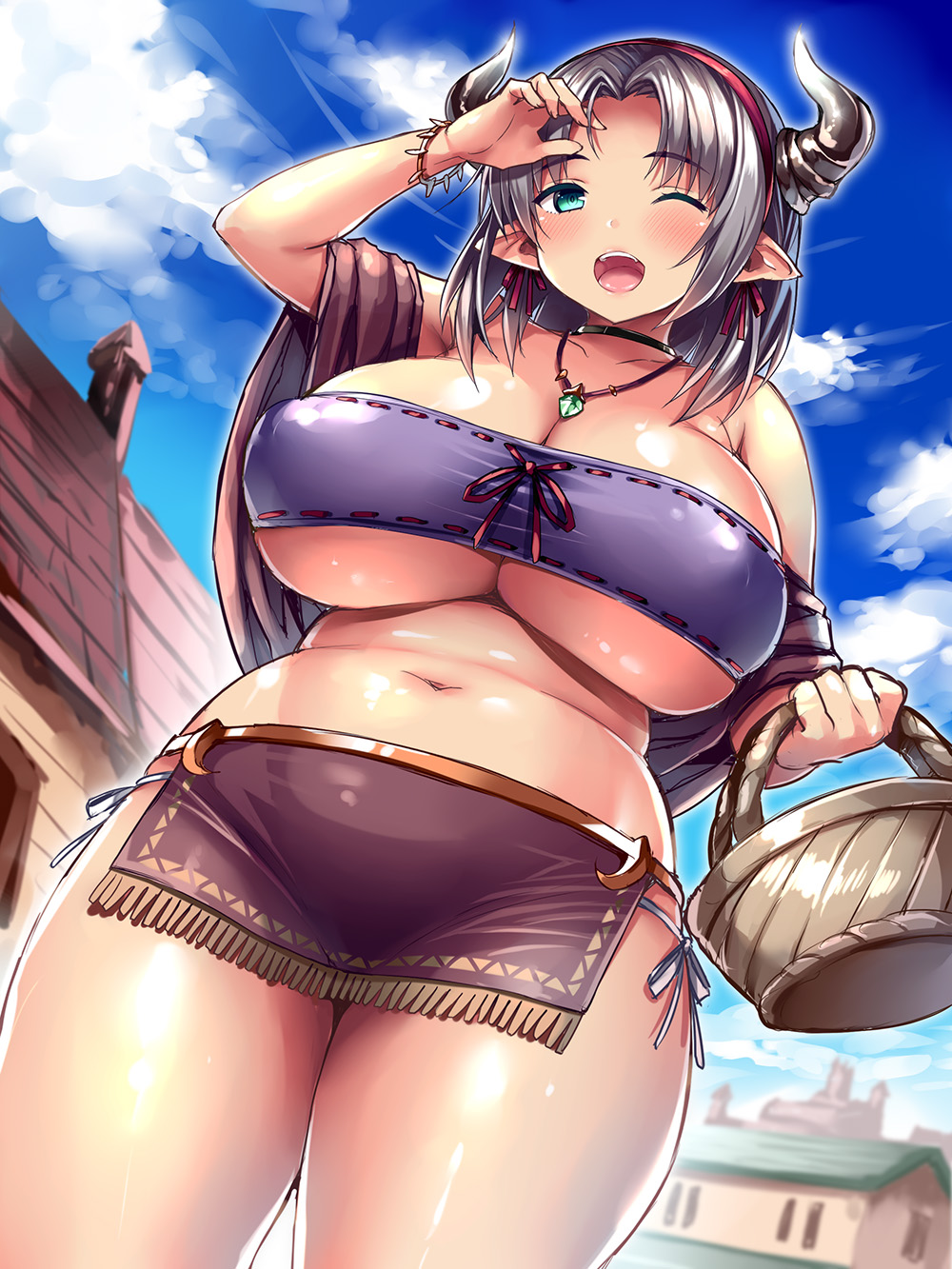 aqua_eyes basket black_hair blush breasts cleavage elf female hairband highres horns huge_breasts jewelry looking_at_viewer navel necklace one_eye_closed open_mouth plump pointy_ears short_hair smile solo standing thick_thighs tsukumiya_amane underboob wide_hips