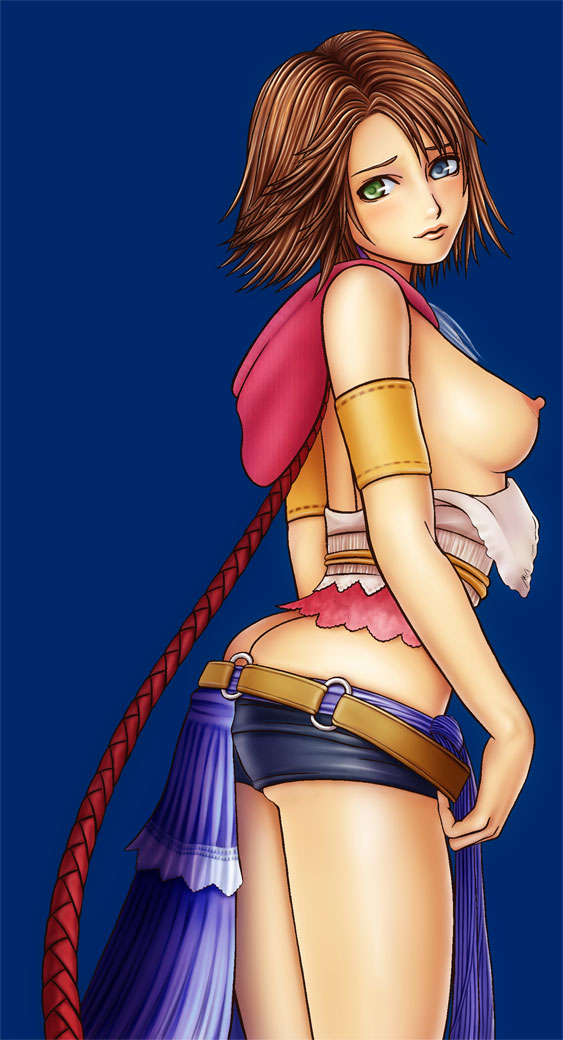 artist_request ass_cleavage belt blue_background blue_eye breasts_out brown_hair butt_crack final_fantasy final_fantasy_x final_fantasy_x-2 green_eye half-skirt heterochromia short_hair short_shorts very_long_braid yuna