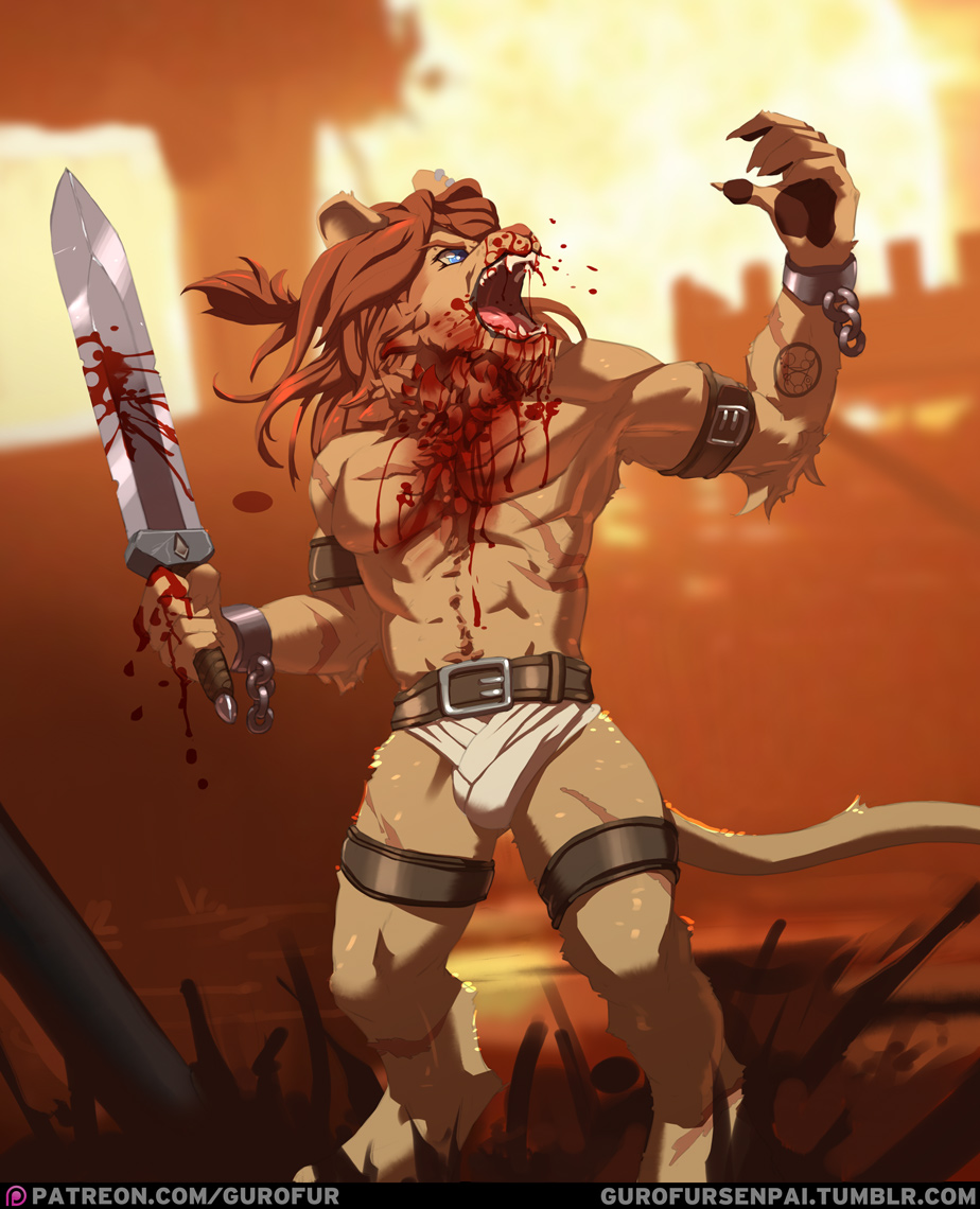 2017 abs anthro biceps blood blue_eyes bulge clothed clothing digital_media_(artwork) feline fur furry gurofur hair lion male male_only mammal melee_weapon muscular muscular_male open_mouth pecs sieg_black simple_background solo standing sword teeth weapon