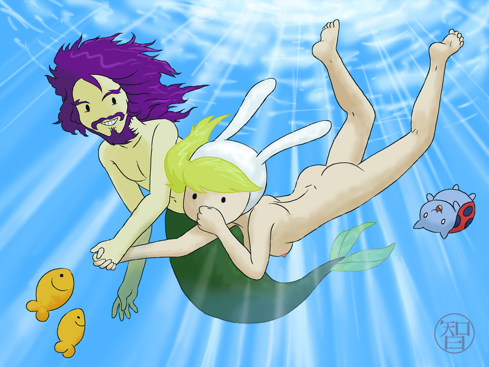 1boy 1girls adventure_time animal_hood beard blonde_hair bravest_warriors bunny_hood catbug character_request coldfusion crossover crossover_pairing dimples_of_venus fionna_the_human_girl fish headwear_only holding_hands merman mustache nude_female nude_male purple_beard purple_facial_hair purple_hair purple_mustache small_breasts underwater