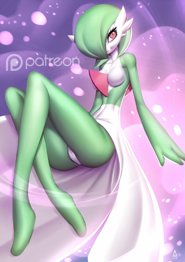 1girls 2015 3_fingers alanscampos anthro ass belly breasts crossed_legs dress eyelashes feet female female_only gardevoir green_hair green_skin hair hair_over_eye hair_over_one_eye looking_at_viewer mostly_nude nintendo no_nipples on_back panties patreon playfurry pokemon pokemon_(species) pokemon_rse purple_background pussy red_eyes short_hair skirt smile solo text topless watermark white_skin