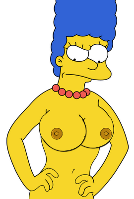 artist_request blue_hair breasts closed_mouth color curly_hair exposed_breasts female female_only flat_colors front_view frown hair human long_hair marge_simpson matt_groening_(style) mouth navel necklace nude open_eyes round_ears skin solo the_simpsons white_background yellow_skin